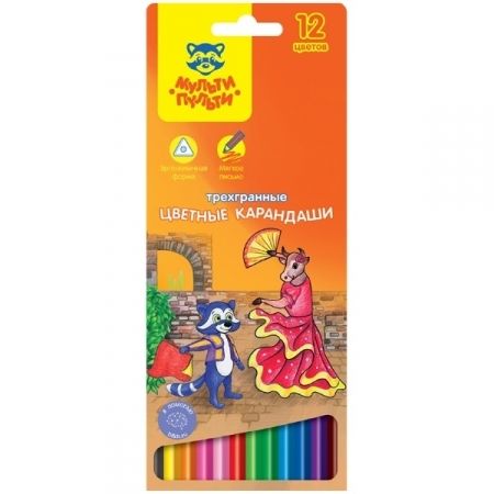 Набор цветных карандашей "Енот в Испании" 12 цветов, трехгранные заточенные