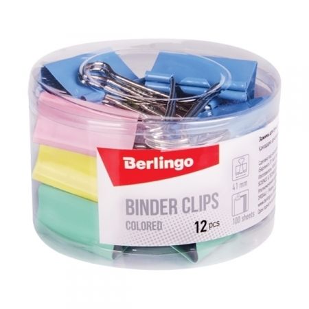 Зажимы для бумаг цветные Berlingo в пластиковом тубусе, 12 шт, в ассортименте