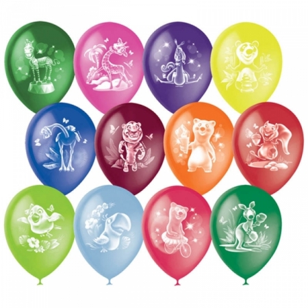 Воздушные шарыПоиск "Веселый зоопарк" М12/30 см, пастель+декор, растровый рисунок, 50 шт